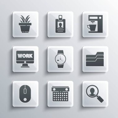 Takvimi Ayarla, Arama görevlileri için büyüteç, Belge klasörü, Bilek saati, Bilgisayar faresi, metin çalışmalı monitör, Bitki demliği ve kahve makinesi simgesi. Vektör