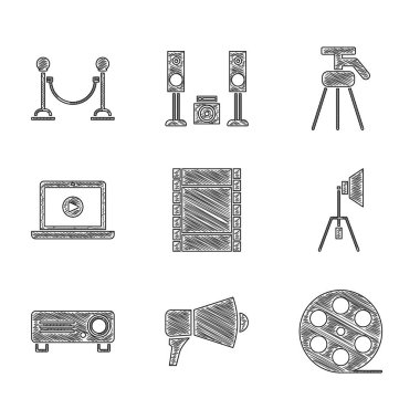 Play Video, Megaphone, Film reel, Movie spotları, Movie, film, medya projektörü, Online play video, Tripod ve Rope bariyer ikonu. Vektör