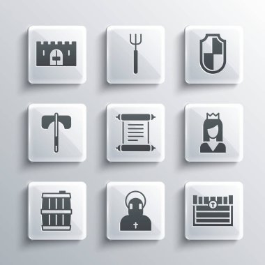 Monk, Antika hazine sandığı, prenses, ferman, parşömen, parşömen, tahta fıçı, ortaçağ baltası, kale kapısı ve kalkan ikonu. Vektör