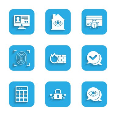Güvenlik duvarı, güvenlik duvarı, siber, göz taraması konuşma balonunda kontrol işareti, şifre koruması, parmak izi, sistem hatası kredi kartı ve hesap ekran simgesi oluştur. Vektör