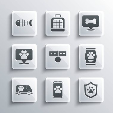 Veteriner kliniği, hayvan sağlığı sigortası, yiyecek çantası, isim etiketli tasma, ambulans, konum veterineri, balık iskeleti ve köpek kemiği ikonu. Vektör