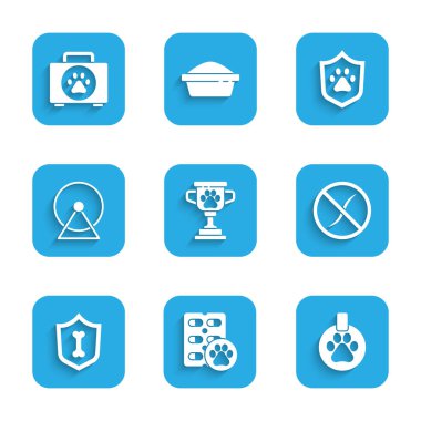 Hayvan ödülü, köpek hapı, yaka kartı, parazit ilacı, hayvan sağlığı sigortası, hamster tekerleği ve ilk yardım çantası ikonu. Vektör