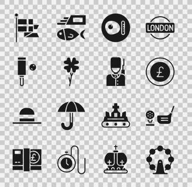 Londra 'nın gözü, golf sopası, bozuk para poundu, İngiliz kahvaltısı, dört yapraklı yonca, tahta kriket sopası ve İngiltere bayrak direği ve asker ikonu. Vektör