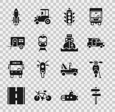 Trafik levhasını, Scooter 'ı, Minibus' u, trafik ışığını, tren ve demiryolunu, karavan karavanını, ateşli roket gemisini ve kargo ikonunu ayarlayın. Vektör