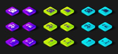 Hız limitini belirleyin, Scooter, polis arabası ve teşhirci, otobüs, teslimat kamyonu ve bozuk yol ikonu. Vektör