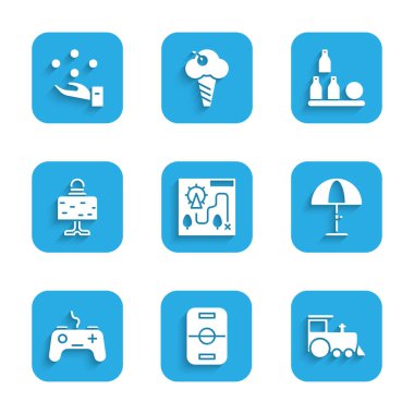 Eğlence parkı haritası, hokey masası, oyuncak tren, güneş koruyucu şemsiye, av alanı, sihirli top açık, şişe ve jonglörlük ikonu. Vektör