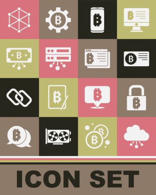 Kripto para birimi bulut madenciliğini, bitcoin, kredi kartı, mobil, sunucu, Bitcoin devresi, engelleme zinciri teknolojisi ve tarayıcı simgesi ile kilitlemeyi ayarlayın. Vektör