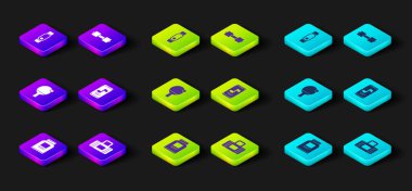 Spor beslenme, çanta, raket ve top, müzik çalar, Dumbbell ve Smartwatch ikonu. Vektör