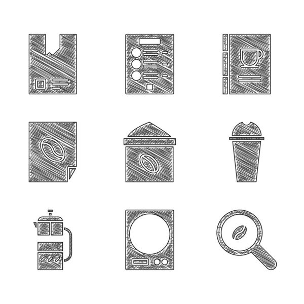 Set väska med kaffebönor, elektroniska skalor, urval, milkshake, fransk press, affisch kaffe, bok och ikon. Vektor — Stock vektor
