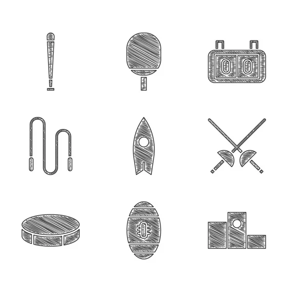 Set Surfboard, American Football ball, Award over sports winner podium, Fencing, Hockey puck, Jump rope, Sport machine scoreboard, Baseball bat icon. Vector — 스톡 벡터