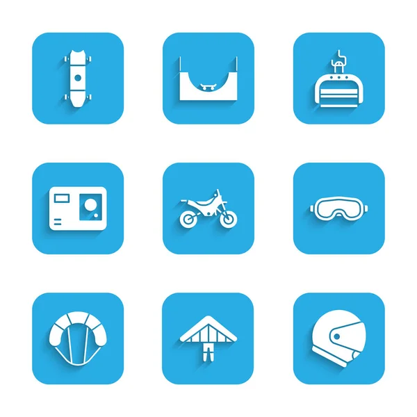 Dağ bisikleti, planör, kask, kayak gözlükleri, paraşüt, kamera, kaldırma ve kaykay ikonu. Vektör — Stok Vektör