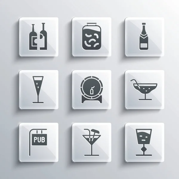 Set Cocktail, Wine glass, Wooden barrel on rack, Street signboard with Pub, Glass of champagne, Bottles wine and Champagne bottle icon. Vector — Stock Vector