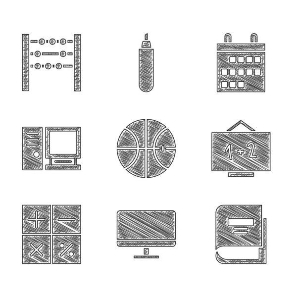 Establecer pelota de baloncesto, pantalla del monitor de la computadora, libro, pizarra, calculadora, calendario y Abacus icono. Vector — Archivo Imágenes Vectoriales