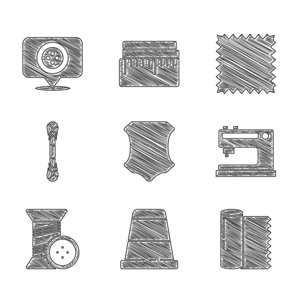 Set de cuero, dedal para coser, rollo de tela textil, máquina de coser, hilo y botón, hilo y el icono de la tienda de sastrería de ubicación. Vector — Vector de stock