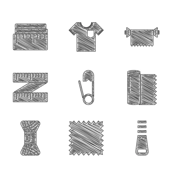 Set Pin de seguridad, cuero, cremallera, rollo de tela textil, hilo, cinta métrica e icono. Vector — Archivo Imágenes Vectoriales