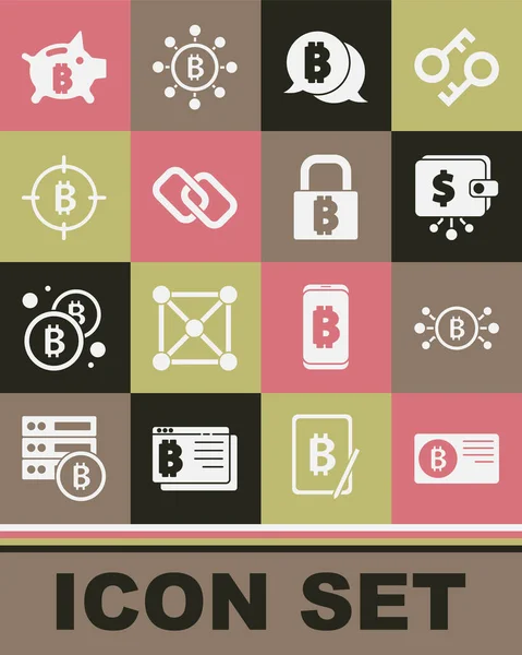 Set carta di credito con bitcoin, circuito Bitcoin, Cryptocurrency portafoglio, collegamento a catena, l'obiettivo, salvadanaio e icona di blocco. Vettore — Vettoriale Stock