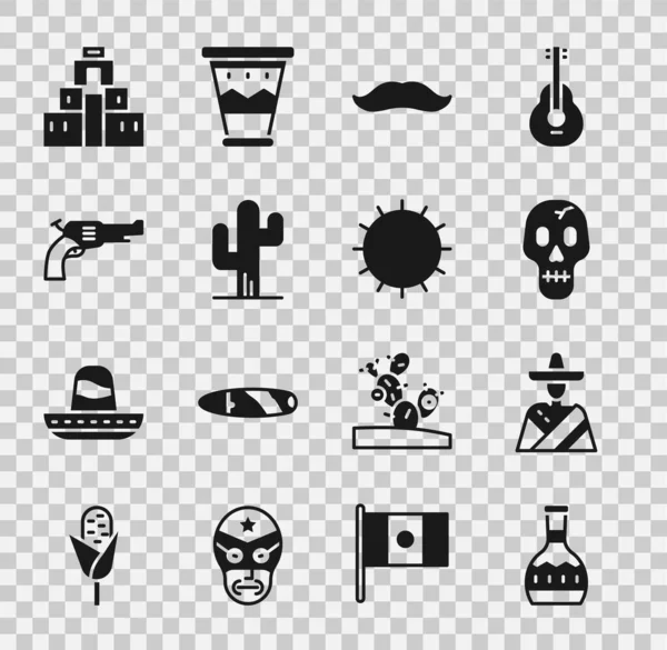 Set botella de tequila, sombrero mexicano, calavera, bigote, cactus, revólver, Chichén Itzá en maya y sol icono. Vector — Vector de stock