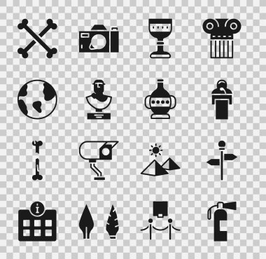 Yangın söndürücü, trafik levhası, konferans veren, ortaçağ kadehi, Antik büst heykeli, toprak küre, çapraz insan kemikleri ve amfora simgesi. Vektör