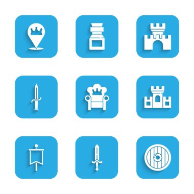 Ortaçağ tahtı, kılıç, yuvarlak ahşap kalkan, kale, kale, bayrak, hançer ve konum kralı ikonu. Vektör