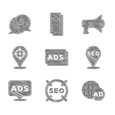 Reklamcılık, SEO optimizasyonu, Hedef Spor, Megaphone ve Müşteri Ürünleri değerlendirme simgesi. Vektör