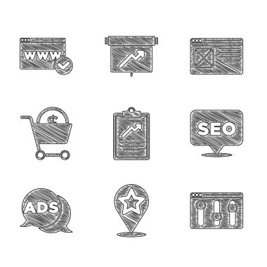 Grafik grafikli panoyu, harita işaretleyici yıldızını, tarayıcı ayarını, SEO optimizasyonunu, reklam arabasını ve doları, pencere ve web sitesi şablon simgesini ayarla. Vektör