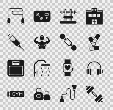 Dumbbell, Kulaklık, Vitamin hapı, Barbel 'li Bench, Vücut geliştiren kas, Doping şırıngası, Zıplama ipi ve ikon. Vektör