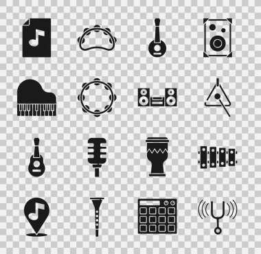 Müzikal ayar çatalı, ksilofon, üçgen, banjo, tef, büyük piyano, notalı kitap ve ev müzik seti simgesi ayarla. Vektör