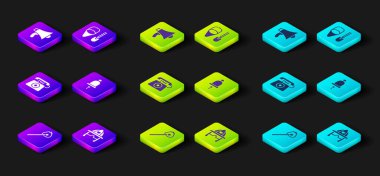 Ateşle kibrit yak, itfaiyeci miğferi, 911 'i ara, alarm zilini, küreği, kovayı ve megafon ikonunu çal. Vektör