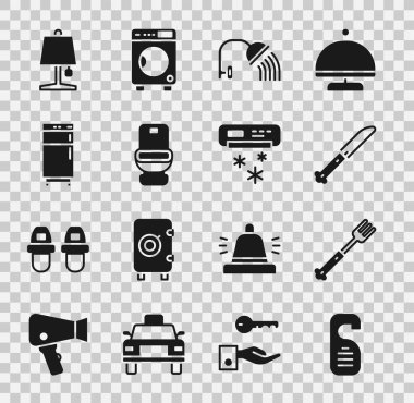 Lütfen rahatsız etmeyin, çatal, bıçak, duş başlığı, klozet, buzdolabı, masa lambası ve klima ikonu. Vektör