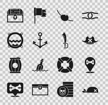 Baş için korsan bandanası, yer korsanı, şapka, göz bandı, çapa, deniz manzaralı gemi penceresi, antika hazine sandığı ve kılıç ikonu. Vektör