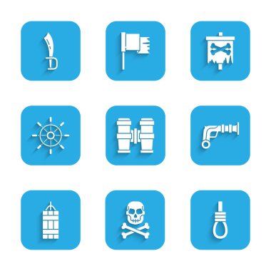 Dürbünü, Skull 'u çapraz kemiklere, darağacından ip sallanmasına, klasik tabancalara, dinamit bombasına, direksiyona, korsan bayrağına ve kılıç ikonuna ayarlayın. Vektör