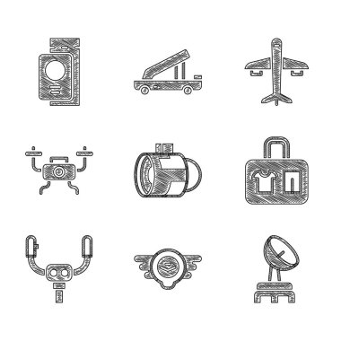 Jet motoru türbini, havacılık amblemi, Radar, Bavul, Uçak dümeni, İHA uçuşu, uçak ve pasaport bilet simgesiyle ayarlayın. Vektör