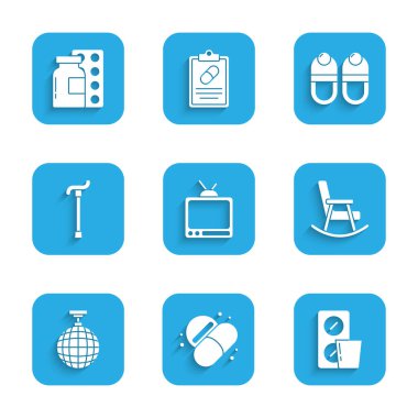 Retro TV, ilaç hapı ya da tablet, hap paketi, sallanan sandalye, disko topu, baston baston, terlik ve ikon. Vektör