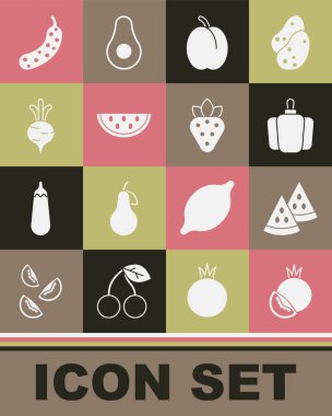 Domates, karpuz, dolmalık biber, erik suyu, pancar, salatalık ve çilek ikonu. Vektör