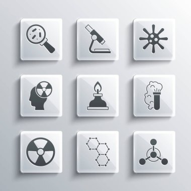 Kimyasal formül, molekül, patlama, alkol ruh yakıcı, radyoaktif, kafa ve radyasyon sembolü, mikroorganizmaları büyüteç ve bakteri simgesi altında ayarla. Vektör