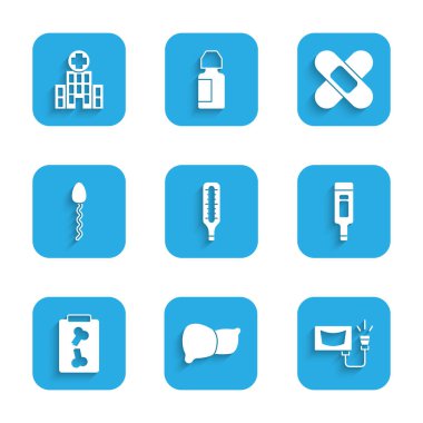 Tıbbi termometreyi, insan organı karaciğerini, ultrasonu, dijitali, röntgeni, spermi, bandajı ve hastane binasının simgesini ayarla. Vektör