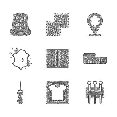 Tekstil kumaş rulo, dikiş şablonu dikiş, mezura, Awl aracı, deri ve yüksük ikonu. Vektör