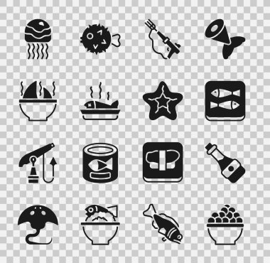 Havyar, soya sosu şişesi, balık konservesi, zıpkın, servis tabağı, köpekbalığı yüzgeci çorbası, denizanası ve denizyıldızı ikonu. Vektör