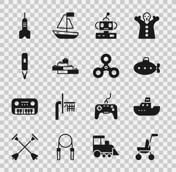Set Kinderwagen, Spielzeugboot, U-Boot-Spielzeug, Roboter, Bauklötze, Filzstift, Pfeil und Fidget Spinner-Symbol. Vektor — Stockvektor