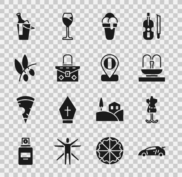 Sport yarış arabası, manken, çeşme, dondurma, el çantası, zeytin dalı, bir şişe şarap kovası ve lokasyon İtalya ikonu. Vektör — Stok Vektör