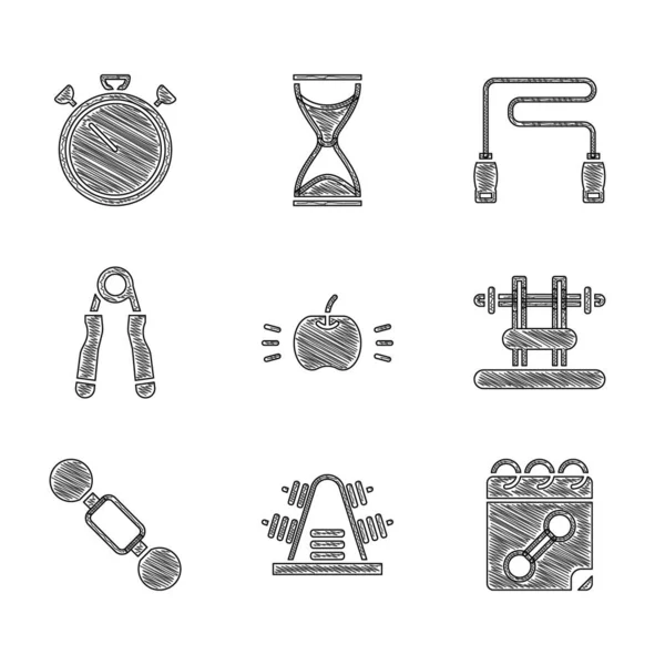 Set Apple, Support en métal avec poids, Calendrier fitness, Banc barbillon, Haltère, Extenseur de sport, Corde à sauter et icône Chronomètre. Vecteur — Image vectorielle