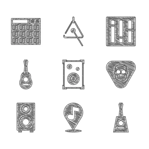 Set Stereo speaker, Location musical note, Balalaika, Guitar pick, Sound mixer controller and Drum machine icon. Vector — Stock Vector