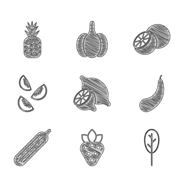Conjunto de limón, fresa, espinacas, berenjena, pepino fresco, tomate, fruta de naranja y piña icono. Vector — Archivo Imágenes Vectoriales