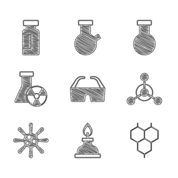 Definir óculos de segurança, álcool ou queimador de espírito, fórmula química, Molécula, Bactérias, radiação tubo de ensaio, e frasco e ícone. Vetor —  Vetores de Stock