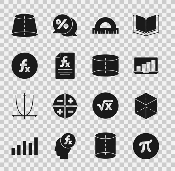 Zestaw Pi symbol, Geometryczna postać Cube, Laptop z wykresem, kątomierz, Funkcja matematyczna i ikona cylindra. Wektor — Wektor stockowy