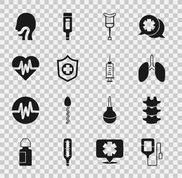 Set bolsa IV, columna humana, pulmones, muletas o muletas, mano de seguro de vida, ritmo cardíaco, dolor de garganta e icono de la jeringa. Vector — Archivo Imágenes Vectoriales