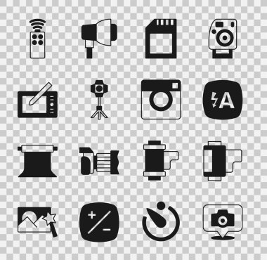 Fotoğraf makinesi, kamera rulo kartuşu, otomatik flaş, SD kart, Softbox lambası, grafik tableti, uzaktan kumanda ve simge için ayarla. Vektör