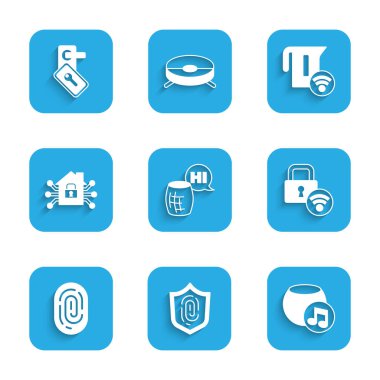 Ses asistanı, parmak izi, dijital kapı kilidi, akıllı ev, elektrikli su ısıtıcısı ve ikon. Vektör