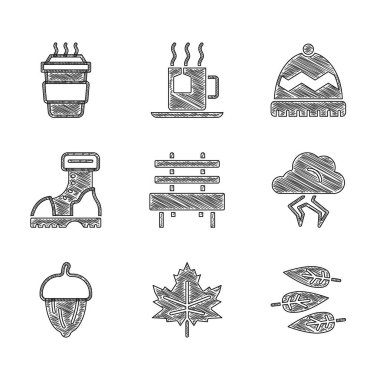 Set Bench, Yaprak veya Yaprak, Fırtına, Meşe, Su geçirmez Lastik bot, Kış şapkası ve Kahve fincanı. Vektör