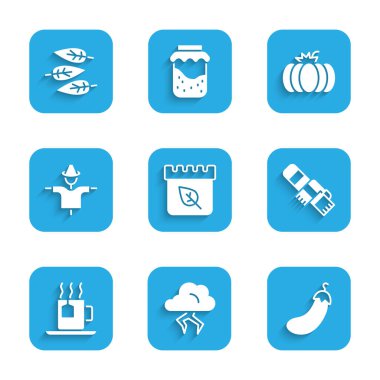 Takvimi sonbahar yaprakları, Fırtına, Patlıcan, Kış eşarbı, Çay poşeti, Korkuluk, Balkabağı ve Yaprak ikonu ile ayarla. Vektör